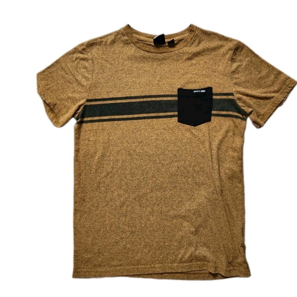 Westy Mens T-Shirt Brown Crew Neck Contrast Black Pocket Short Sleeve Sz M EUC